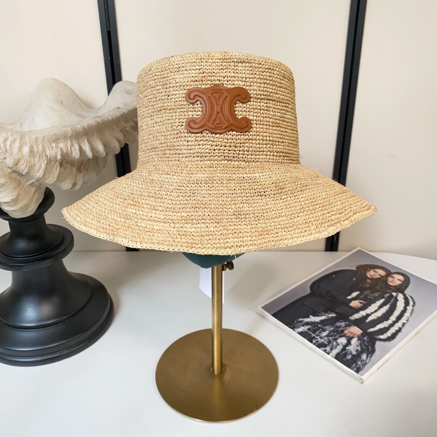 Celine 凯旋门logo拉菲草盆帽