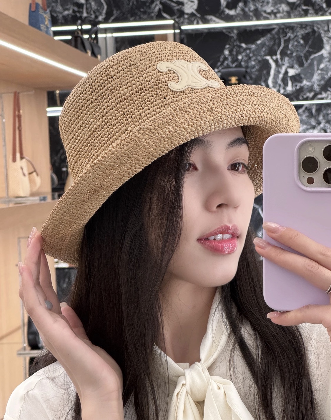 Celine 凯旋门logo拉菲草盆帽