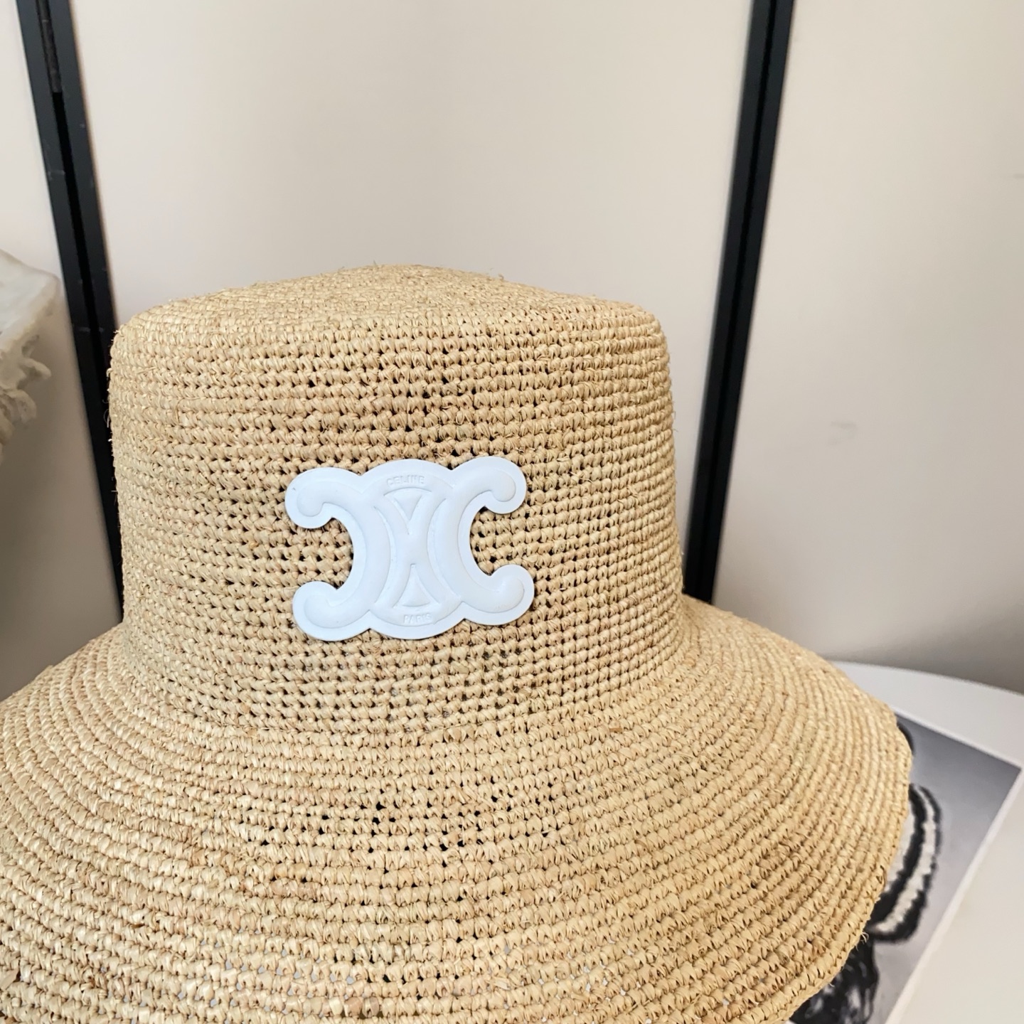 Celine 凯旋门logo拉菲草盆帽