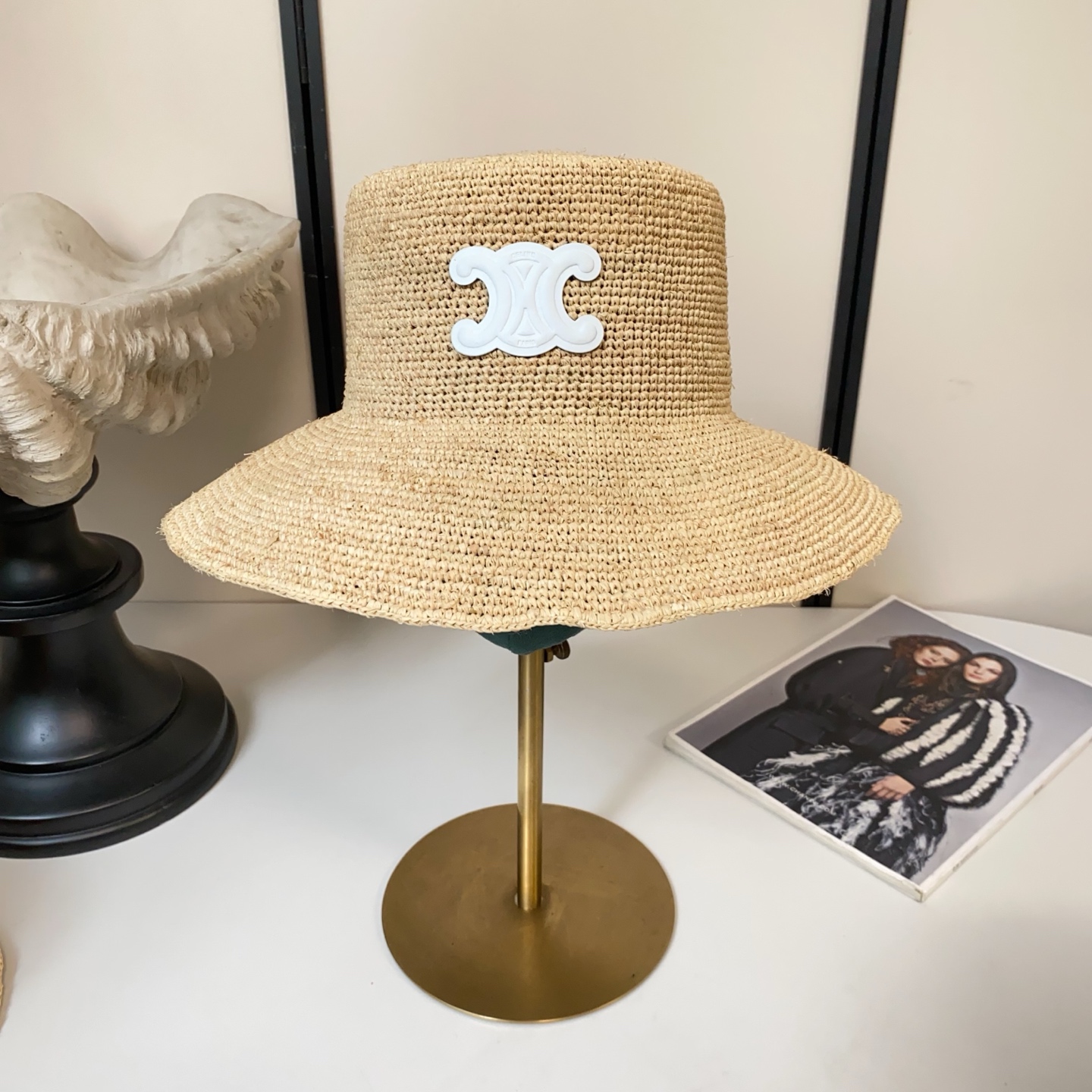 Celine 凯旋门logo拉菲草盆帽