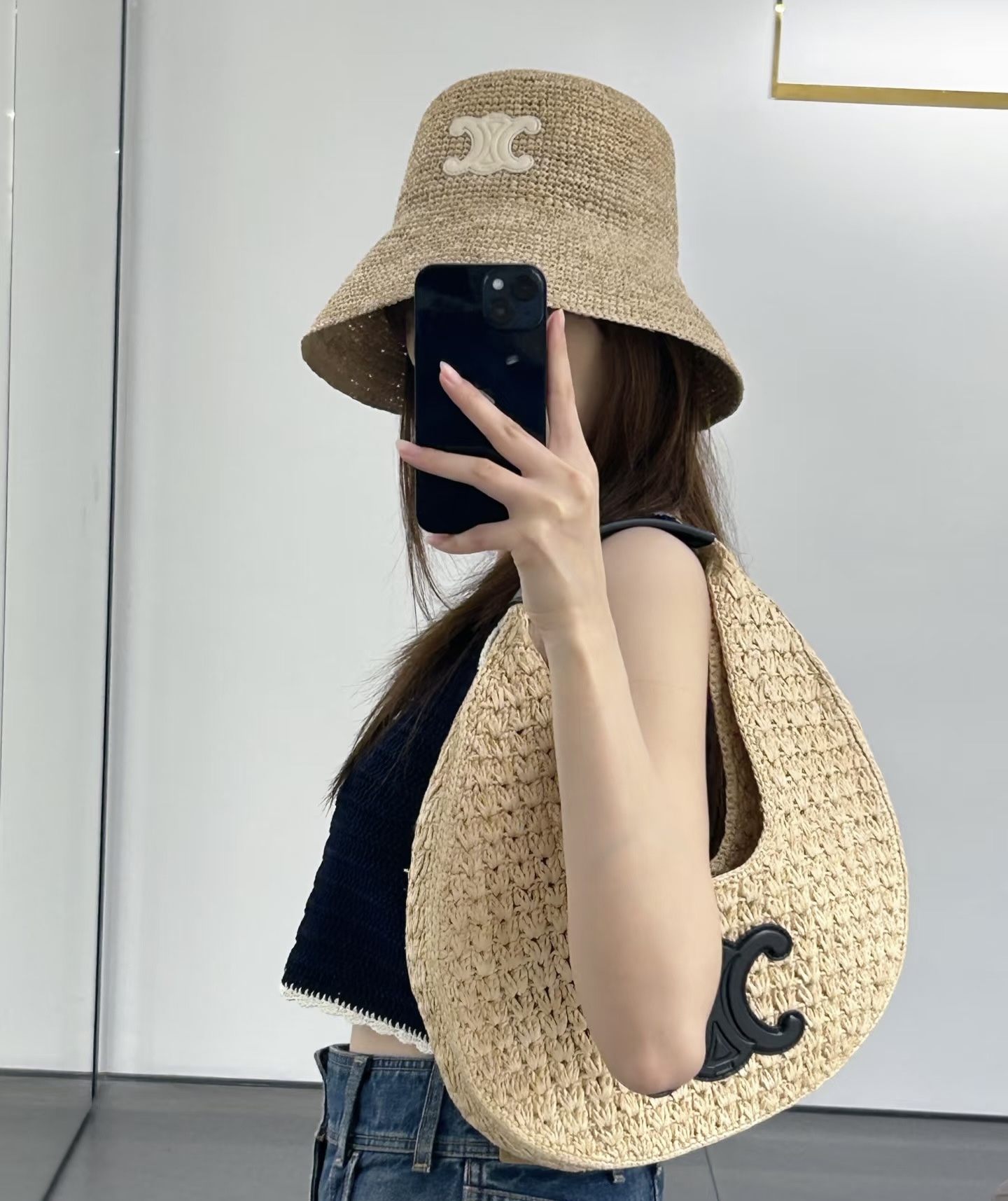 Celine 凯旋门logo拉菲草盆帽
