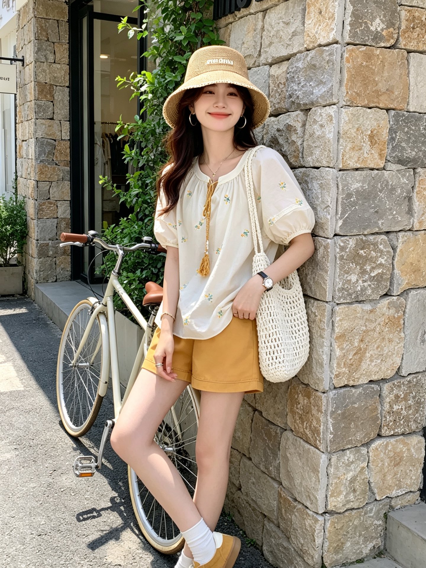 Miu Miu 缪缪miumiu刺绣logo拉菲草镂空草盆帽