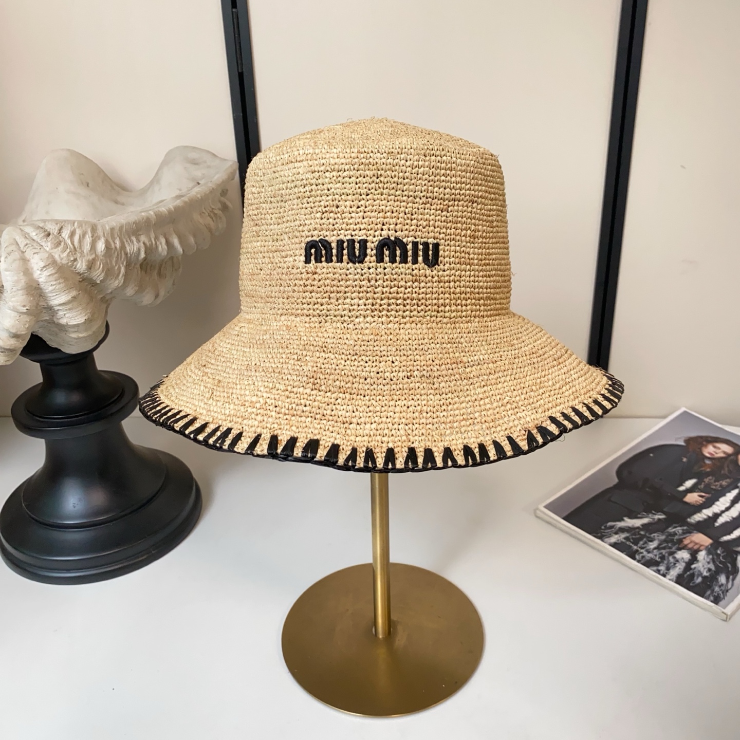 Miu Miu 缪缪miumiu刺绣logo拉菲草镂空草盆帽