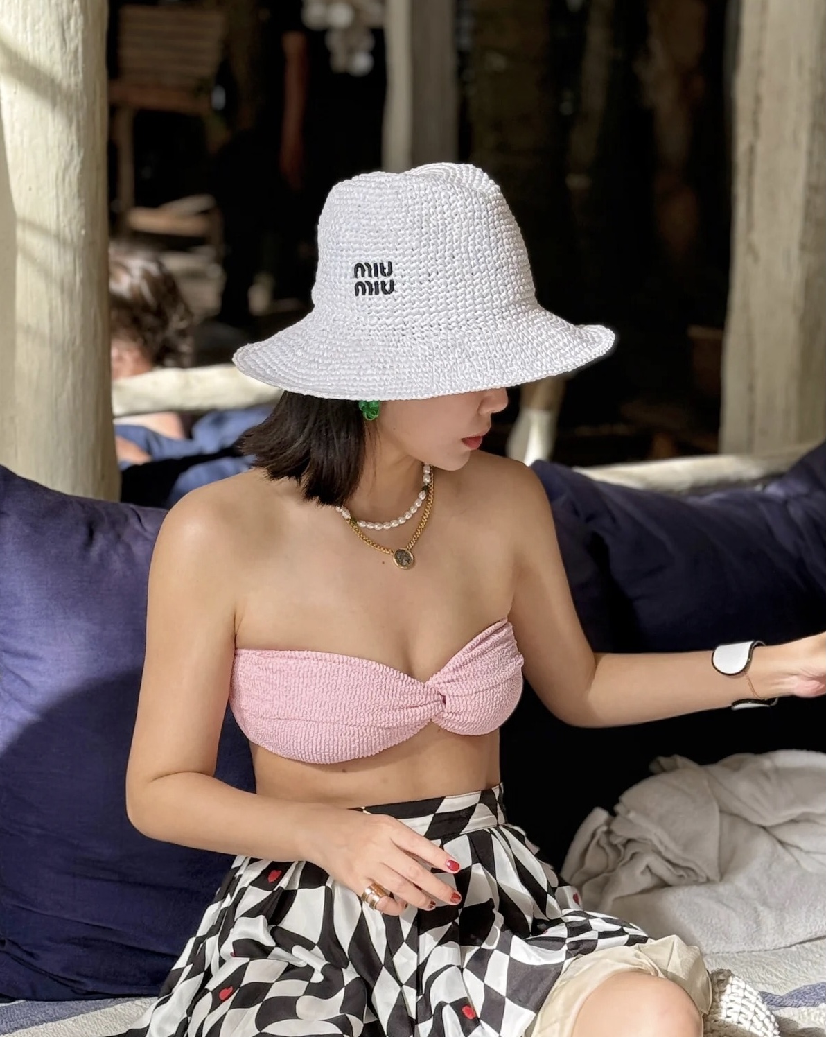 Miu Miu miumiu缪缪刺绣logo纸草礼帽