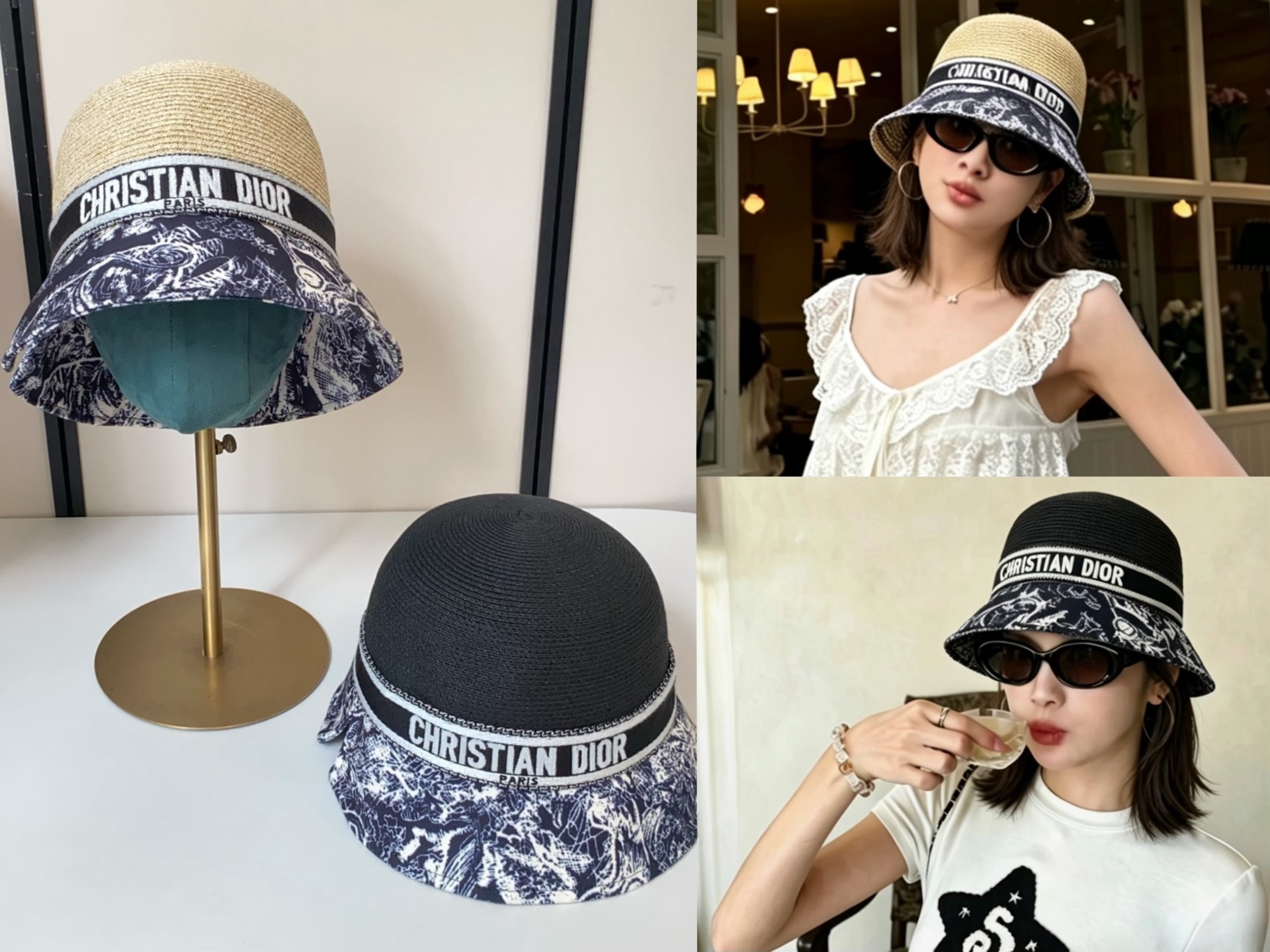 Dior dior拼接纸草盆帽