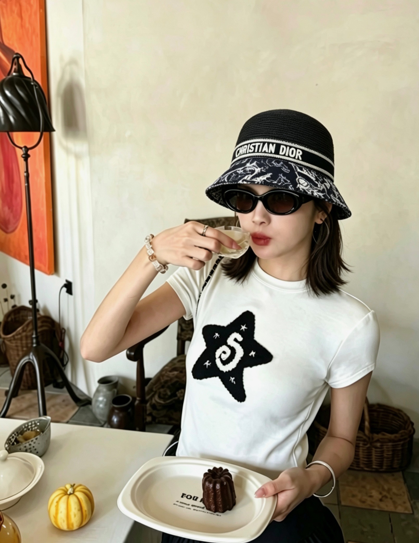 Dior dior拼接纸草盆帽