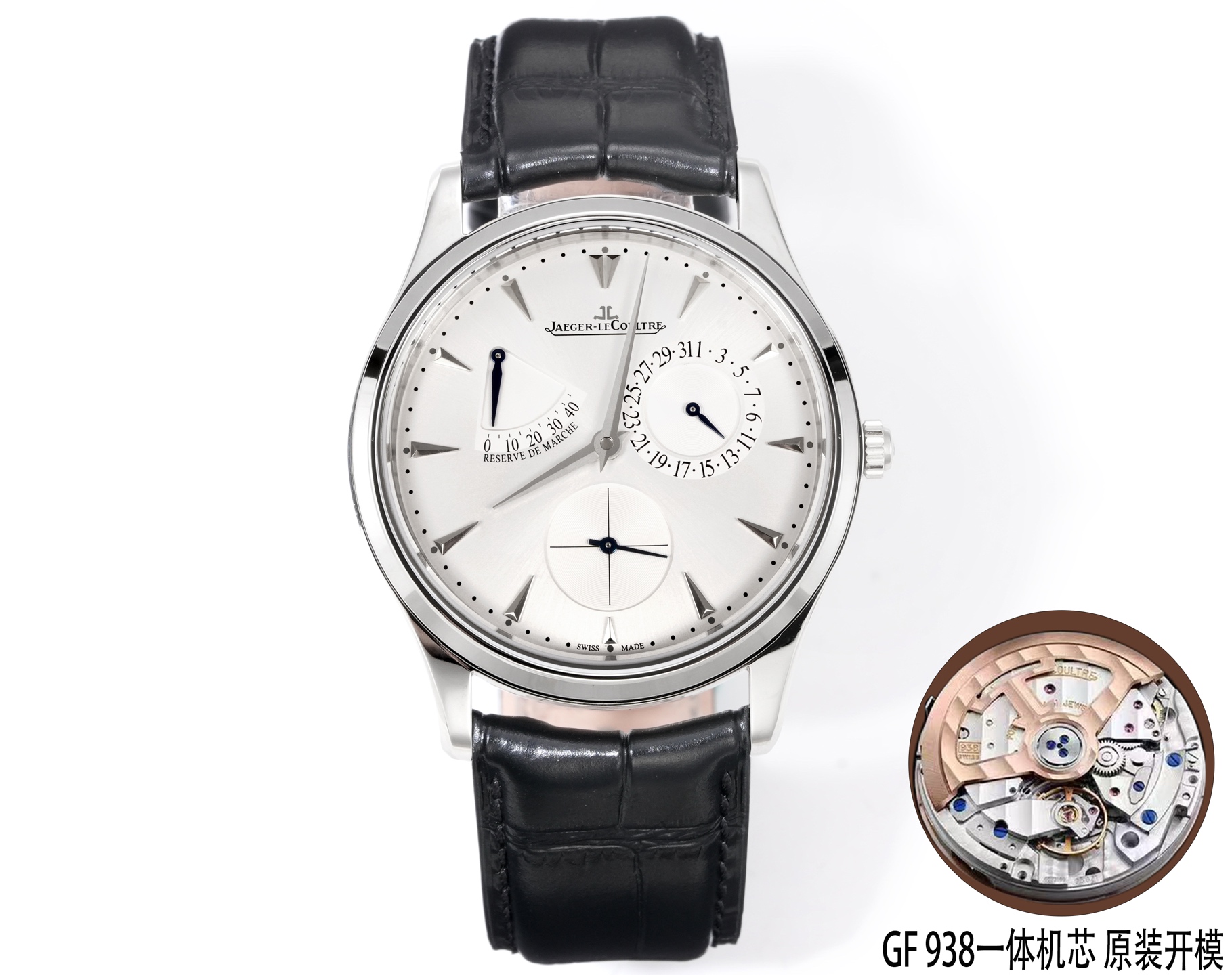 NO:662773,Platinum [GF Jaeger-LeCoultre] Master Ultra Thin Réserve de  The Marche ultra-thin master series power reserve display watch perfectly integrates pure lines with a slim stainless steel case, and is equipped with a number of exquisite complex functions, which complement the elegant dial. The style is elegant and grand, and harmoniously matches the male wrist. [Size] Diameter 39mm, thickness 9.9mm [Movement] Original open mold/1 integrated movement (GF does not forget its original intention, each movement undergoes a series of rigorous testing and screening!),,jaeger-lecoultre19860909白 金【GF积家小丑】Master Ultra Thin Réserve de Marche超薄大师系列动力储存显示腕表将纯美线条与纤薄的精钢表壳完美融合,并搭载多项精妙的复杂功能,与优雅的表盘相得益彰,风格优雅大气,与男性手腕和谐搭配.【尺寸】直径39mm,厚度9.9mm【机芯】原装开模/1一体机芯（GF不忘初心,每一只机芯前都经过一系列严格测试筛选！）,,jaeger-lecoultre,Watch
