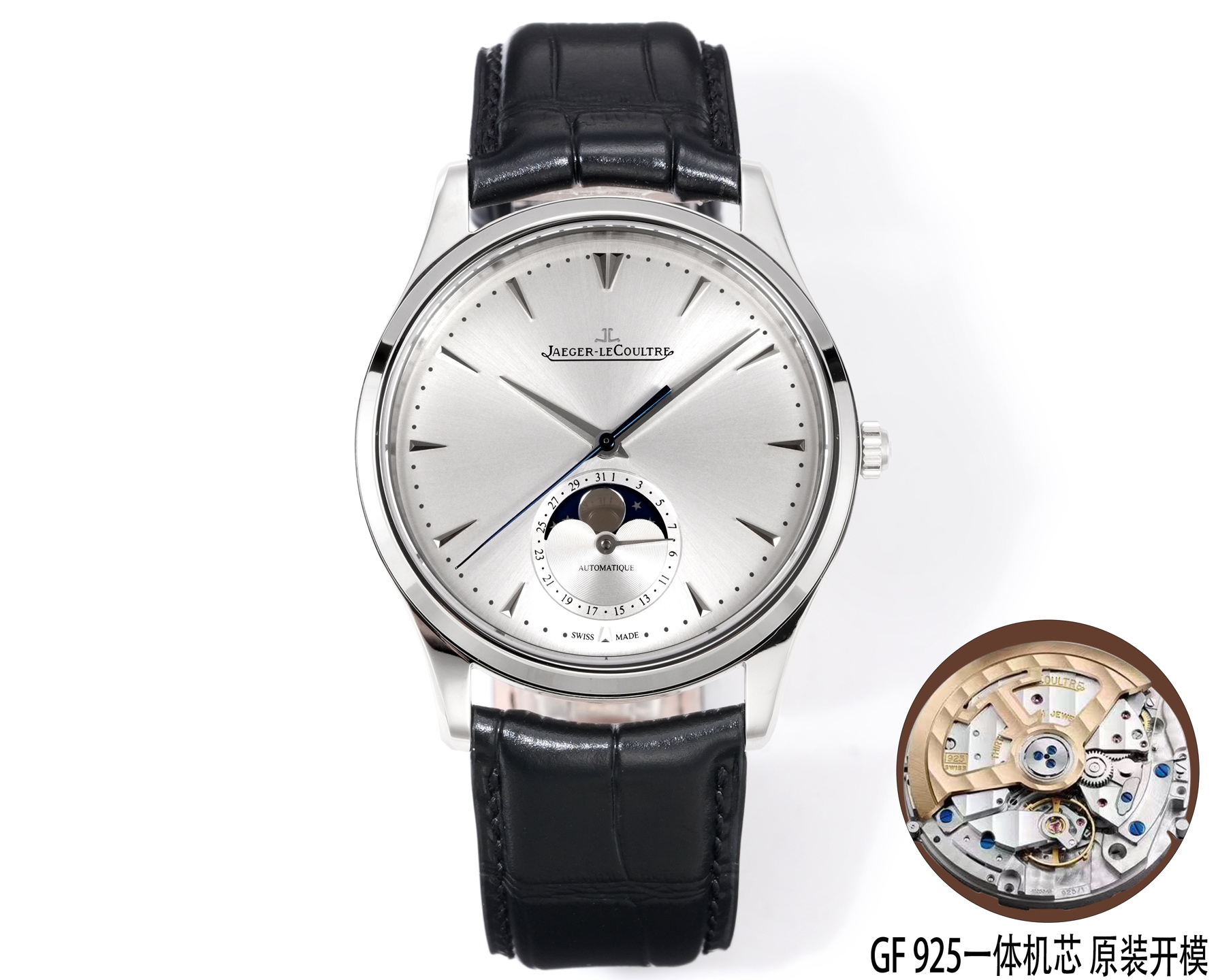 NO:662778,Platinum [GF Luxury High-end Edition] Jaeger-LeCoultre Moon Phase Master Series Formal Men's Watch Q1368420. (Case Diameter 39mm, Thickness 9.9mm) [Moon Phase Disk] CNC carved molding (not SMD) with a similarity of up to 98!  [Movement] Original mold-engraved Cal./1 all-in-one movement. GF does not forget its original intention. Each movement undergoes a series of strict tests and screenings!  ,,jaeger-lecoultre19860909白金【GF豪华高配版】积家月相大师系列正装男表Q1368420.（表壳直径39mm,厚度9.9mm）【月相盘】CNC精雕成型（非贴片）相似度高达98！【机芯】原装开模复刻Cal./1一体机芯,GF不忘初心,每一只机芯前都经过一系列严格测试筛选！,,jaeger-lecoultre,Watch