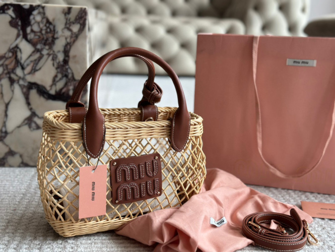 Miu Miu Bowling Bag: Chic Wicker Design with Leather Accents, 23cm x 18cm 1 Miu Miu Bowling Bag: Chic Wicker Design with Leather Accents, 23cm x 18cm