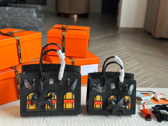 Hermes Black Leather Handbag with Pegasus Charm, 20cm/25cm 1 Hermes Black Leather Handbag with Pegasus Charm, 20cm/25cm
