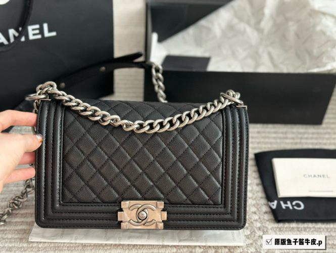 Chanel Le Boy Flap Bag Caviar Leather Shoulder Bag, 25 cm 1 Chanel Le Boy Flap Bag Caviar Leather Shoulder Bag, 25 cm