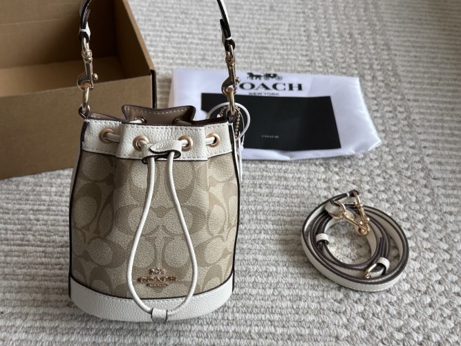 Coach Mini Dempsey Bucket Bag In Signature Jacquard, White/Tan 1 Coach Mini Dempsey Bucket Bag In Signature Jacquard, White/Tan