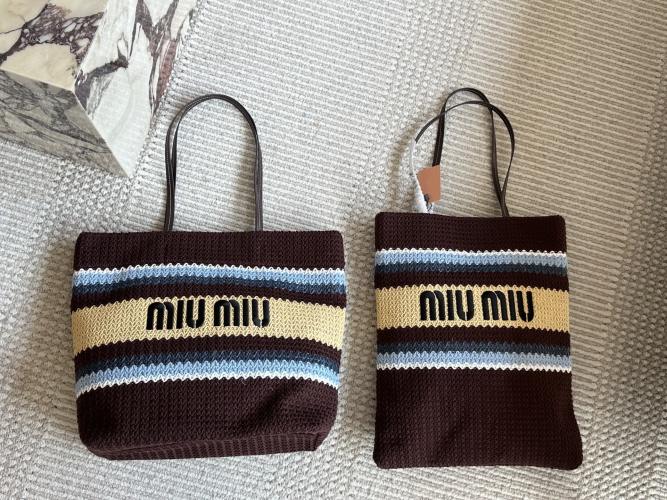 Miu Miu Summer Crochet Tote Bag, Stylish Beach Bag, Blue and Beige 1 Miu Miu Summer Crochet Tote Bag, Stylish Beach Bag, Blue and Beige