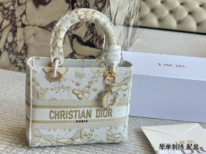Christian Dior White & Gold Embroidered Lady D-Lite Mini Bag 1 Christian Dior White & Gold Embroidered Lady D-Lite Mini Bag