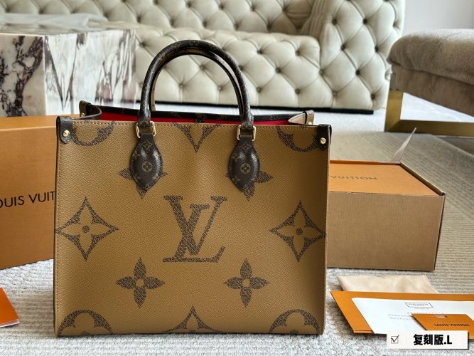 Louis Vuitton OnTheGo MM Tote Bag Monogram Giant Beige Brown with Box 1 Louis Vuitton OnTheGo MM Tote Bag Monogram Giant Beige Brown with Box