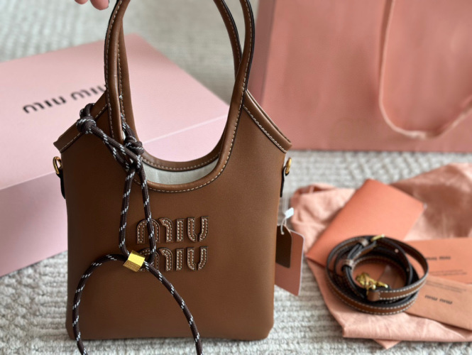 Miu Miu Leather Tote Bag, Elegant Small Tote for Women, Brown 1 Miu Miu Leather Tote Bag, Elegant Small Tote for Women, Brown