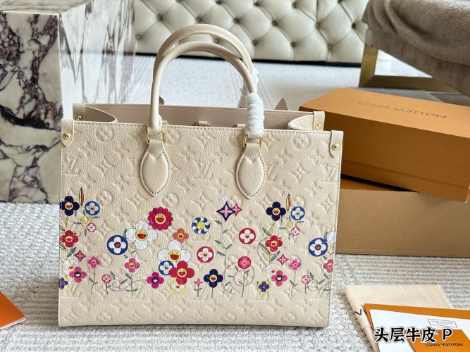 Louis Vuitton OnTheGo Bag: Premium Leather, Floral Design - 34*26cm 1 Louis Vuitton OnTheGo Bag: Premium Leather, Floral Design - 34*26cm