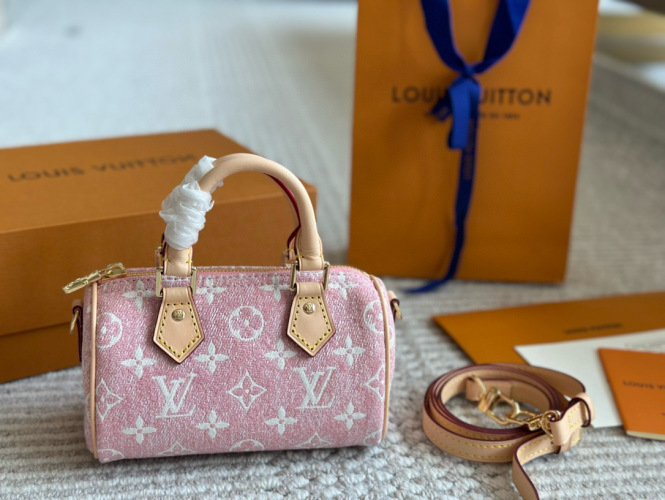 Louis Vuitton Nano Speedy Pink Denim Bag - Mini Top Handle Crossbody 1 Louis Vuitton Nano Speedy Pink Denim Bag - Mini Top Handle Crossbody