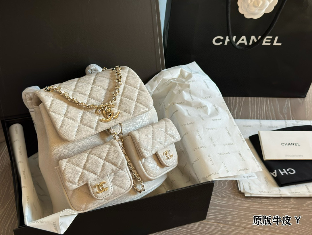 Chanel Duma Backpack, Quilted Leather, Top Handle & Chain Straps, White