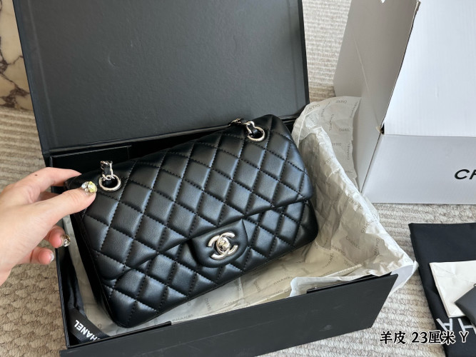 Elegant Chanel CF Lambskin Leather Flap Bag, Classic Design, 23cm 1 Elegant Chanel CF Lambskin Leather Flap Bag, Classic Design, 23cm