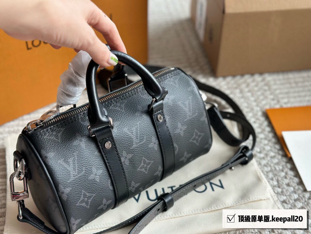 Louis Vuitton Keepall 20 Black Duffle Bag with Adjustable Shoulder Strap
