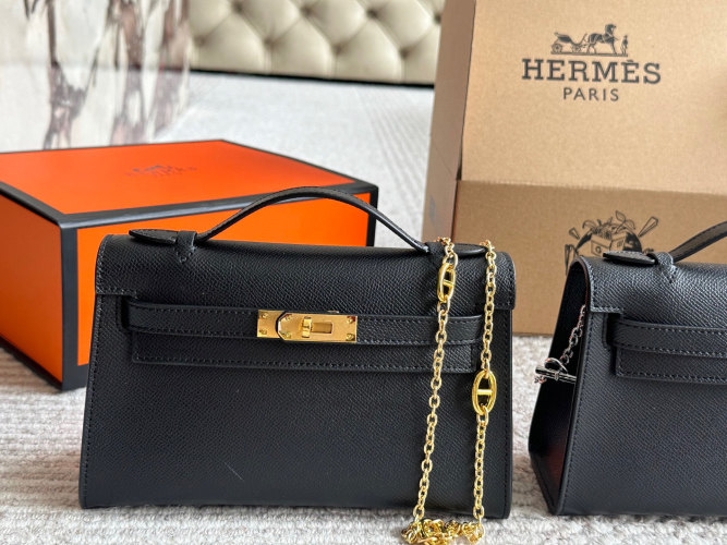 Hermes Mini Kelly Bag 20cm Black Leather Crossbody Handbag with Chain 1 Hermes Mini Kelly Bag 20cm Black Leather Crossbody Handbag with Chain
