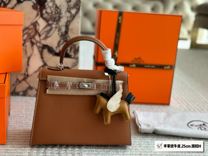 Hermes Kelly 25 Handbag in Brown Leather with Pegasus Charm 1 Hermes Kelly 25 Handbag in Brown Leather with Pegasus Charm