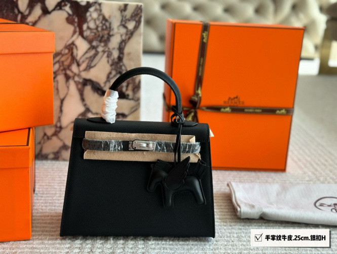 Hermes Kelly 25 Black Leather Handbag with Pegasus Charm & Silk Scarf 1 Hermes Kelly 25 Black Leather Handbag with Pegasus Charm & Silk Scarf
