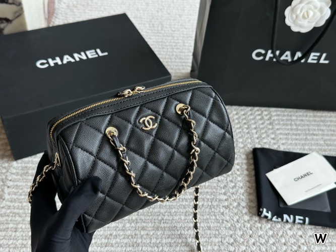 Chanel 25P Black Quilted Leather Bowling Bag with Detachable Chain Strap 1 Chanel 25P Black Quilted Leather Bowling Bag with Detachable Chain Strap