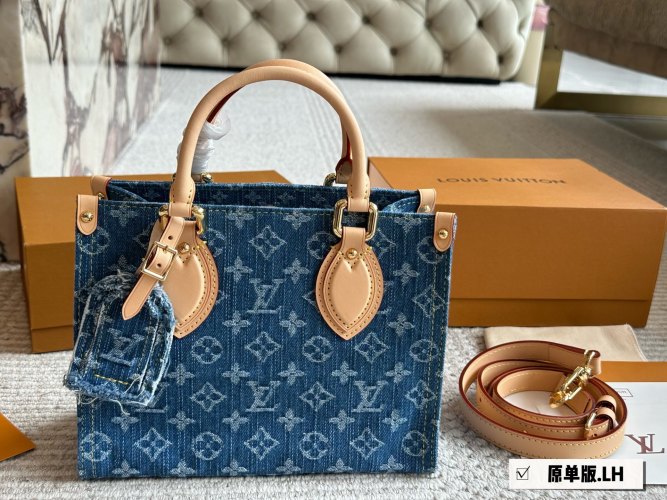 Louis Vuitton Denim OnTheGo Bag: Stylish Tote with Shoulder Strap 1 Louis Vuitton Denim OnTheGo Bag: Stylish Tote with Shoulder Strap