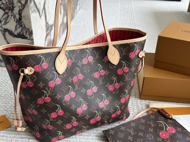 Louis Vuitton Neverfull MM Brown Coated Canvas Cherry Tote Bag 1 Louis Vuitton Neverfull MM Brown Coated Canvas Cherry Tote Bag