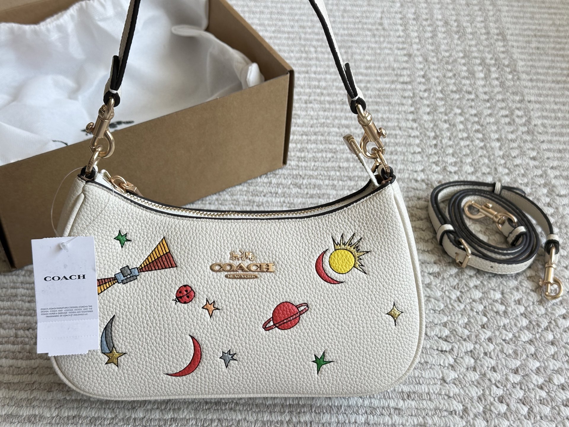 Coach Teri Space Print Leather Shoulder Bag with Two Straps