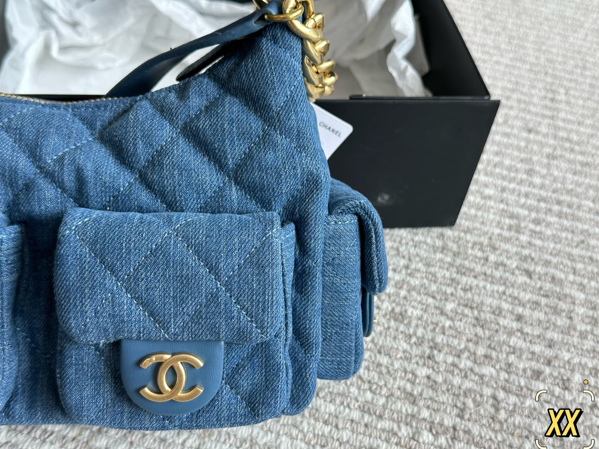 Chanel Vintage Bowling Bag Denim Blue with Gold Chain, 24 x 14 cm