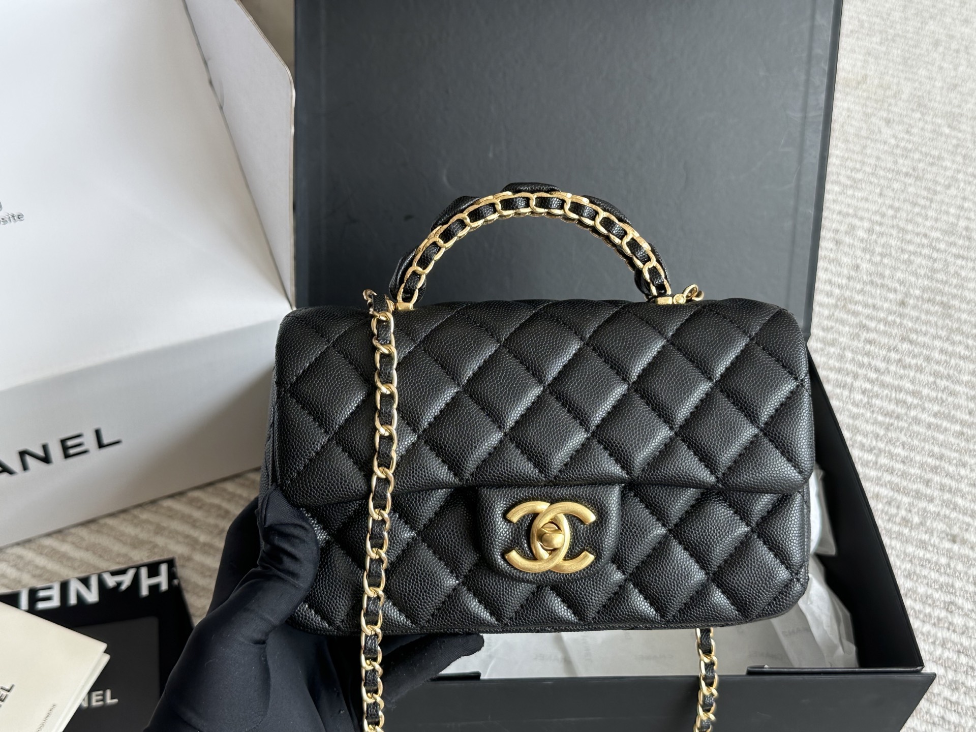 Chanel Classic Flap Handle Bag, 20cm, Black Caviar Leather, Gold Hardware