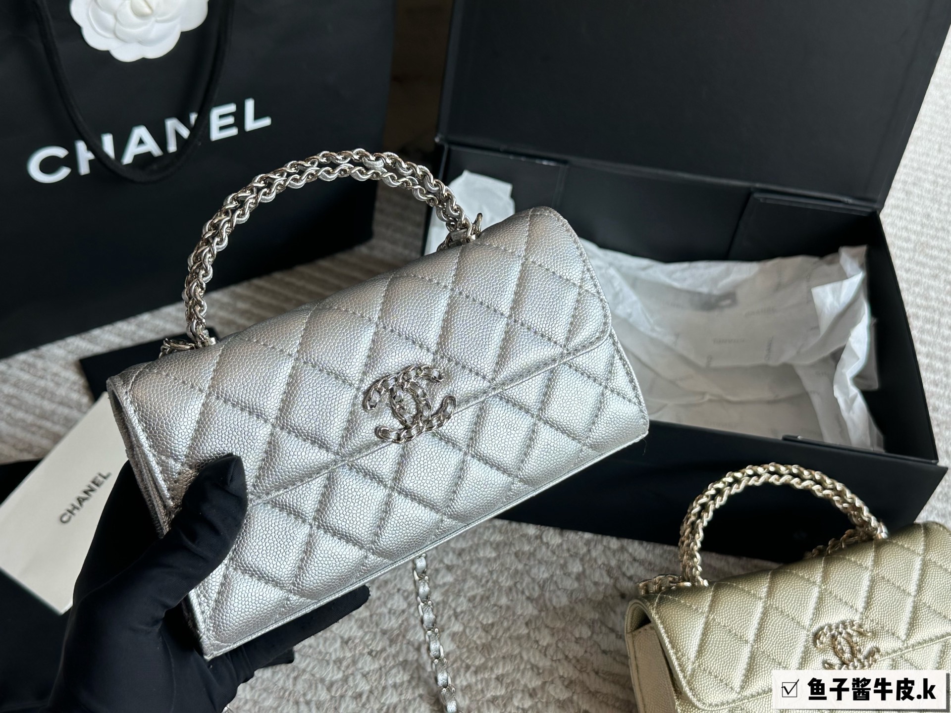 p230
Chanel 25s kelly银色横版

这一.季一定要买的kelly横版翻盖的设计复古又时髦、皮穿链交错的手柄绝美了四

亮闪闪bilingbilinh的色泽+在炎热的夏日-秒降温中高级感满满，手感也是一级棒!无论是单肩还是手提，都能轻松驾驭各种场合!为不仅外形美得让人窒息，内部空间也非常实用，能够轻松装下日常生活所需物品~

尺寸: 18x10x4.5cm