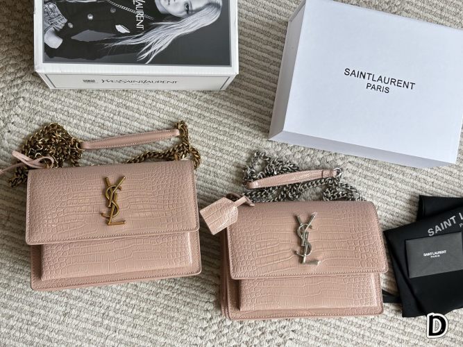 Saint Laurent Sunset Chain Wallet Bag Croc Embossed Leather, Pink, 22*15cm 1 Saint Laurent Sunset Chain Wallet Bag Croc Embossed Leather, Pink, 22*15cm