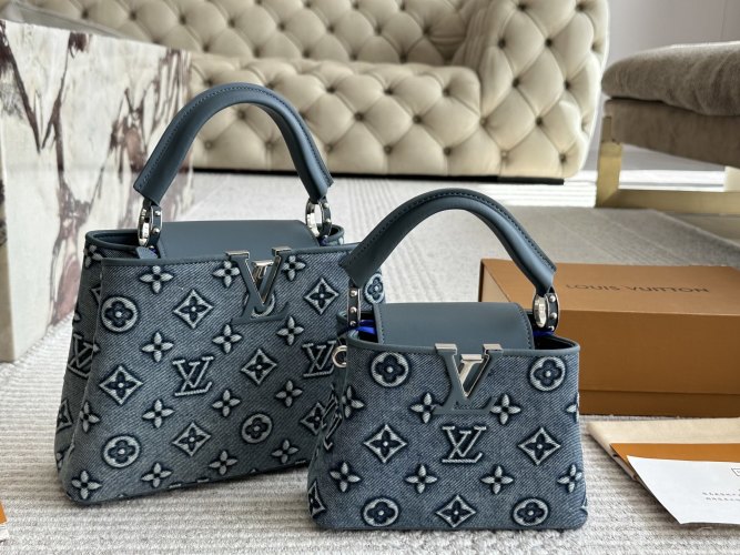 Louis Vuitton Capucines Mini Denim Monogram Top Handle Bag, Blue, Small 1 Louis Vuitton Capucines Mini Denim Monogram Top Handle Bag, Blue, Small