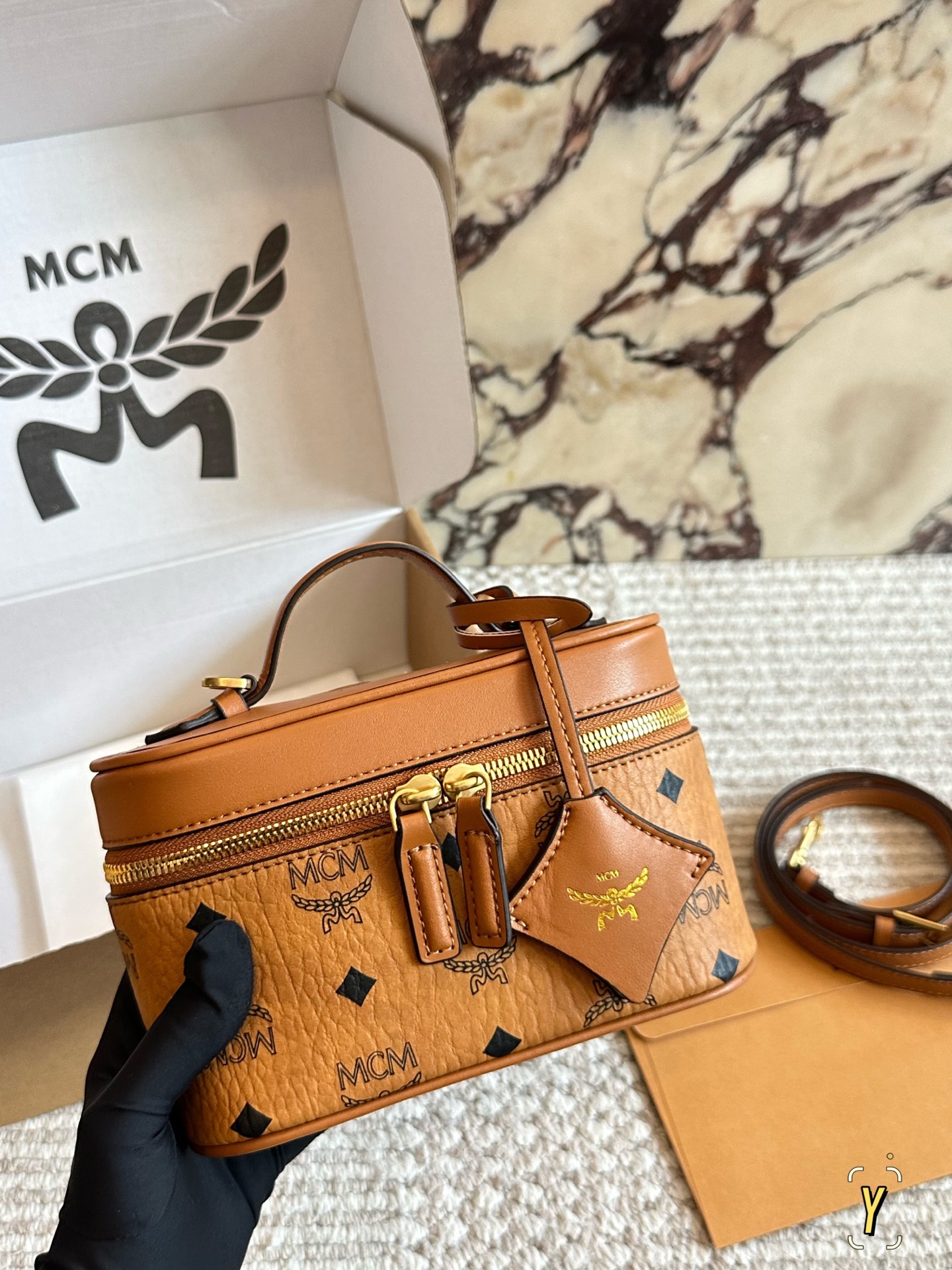 p160 bolso de caja MCM, hardware marrón, clásico bolso de caja M en cuero original, réplica clásica y versátil. Súper p…