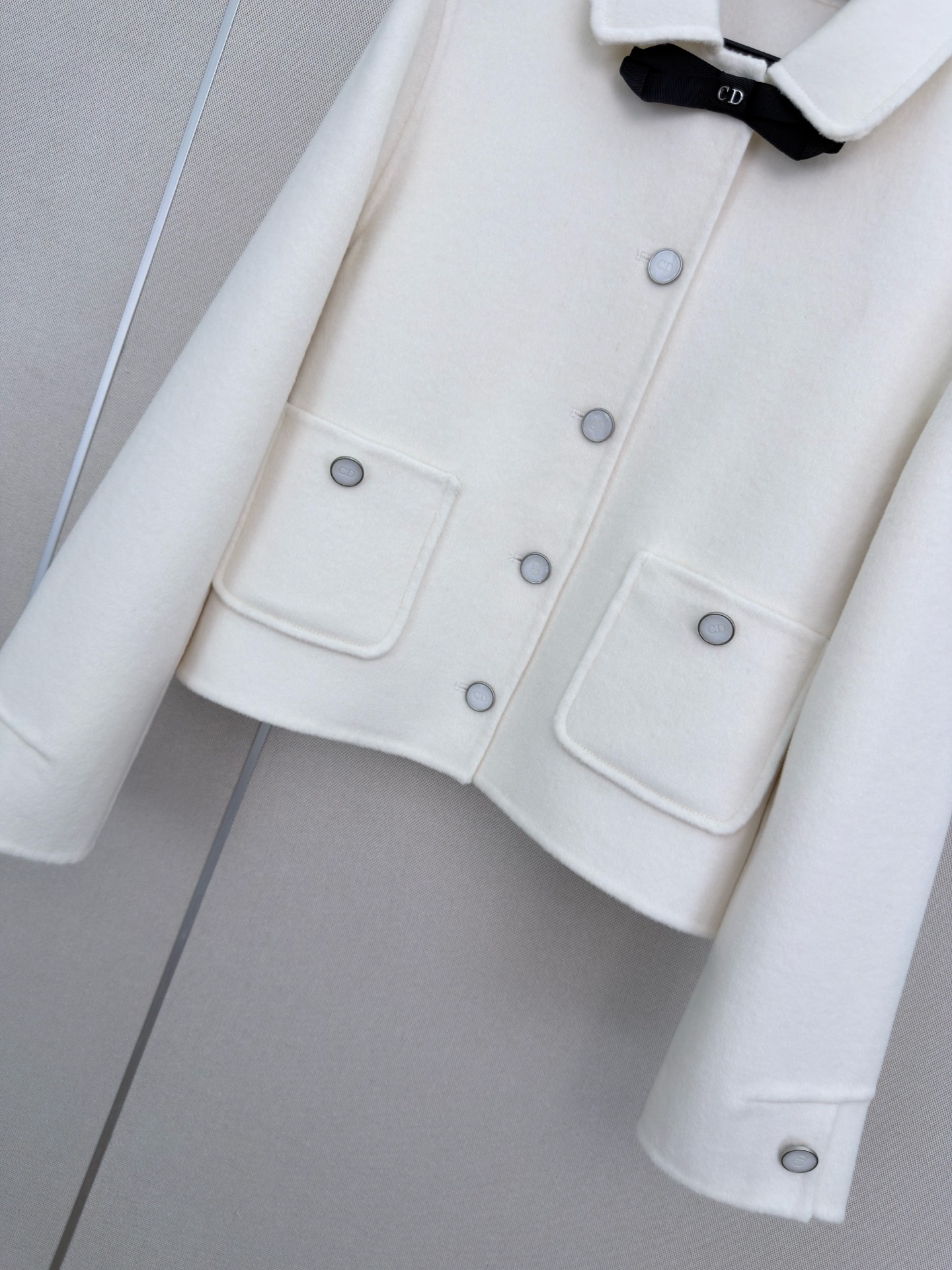 Dior White Bow Decor Lapel Short Wool Coat