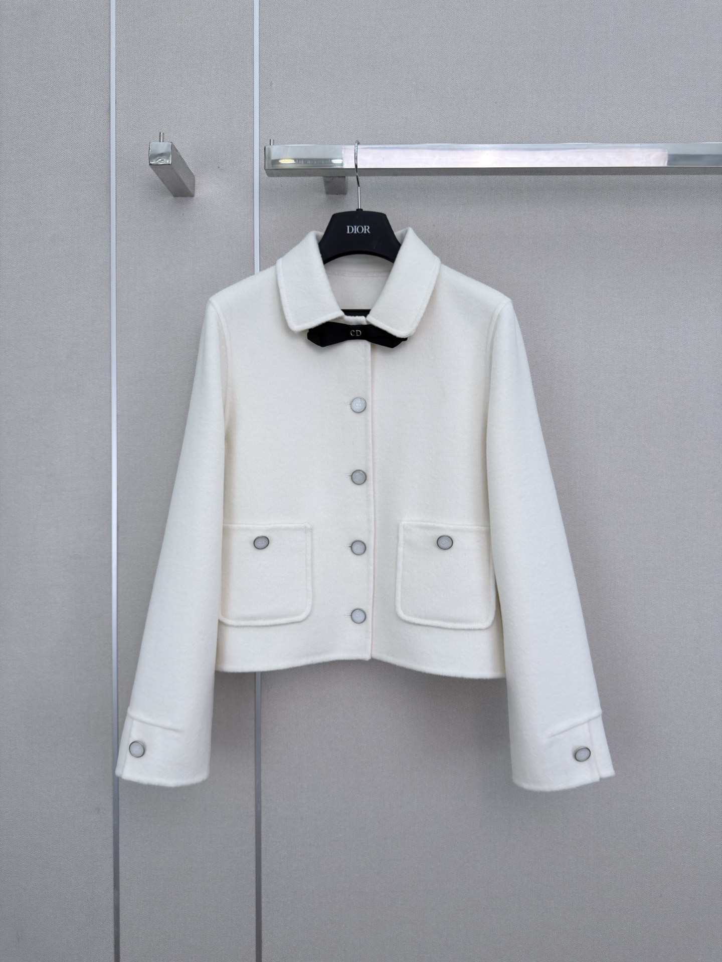 Dior White Bow Decor Lapel Short Wool Coat