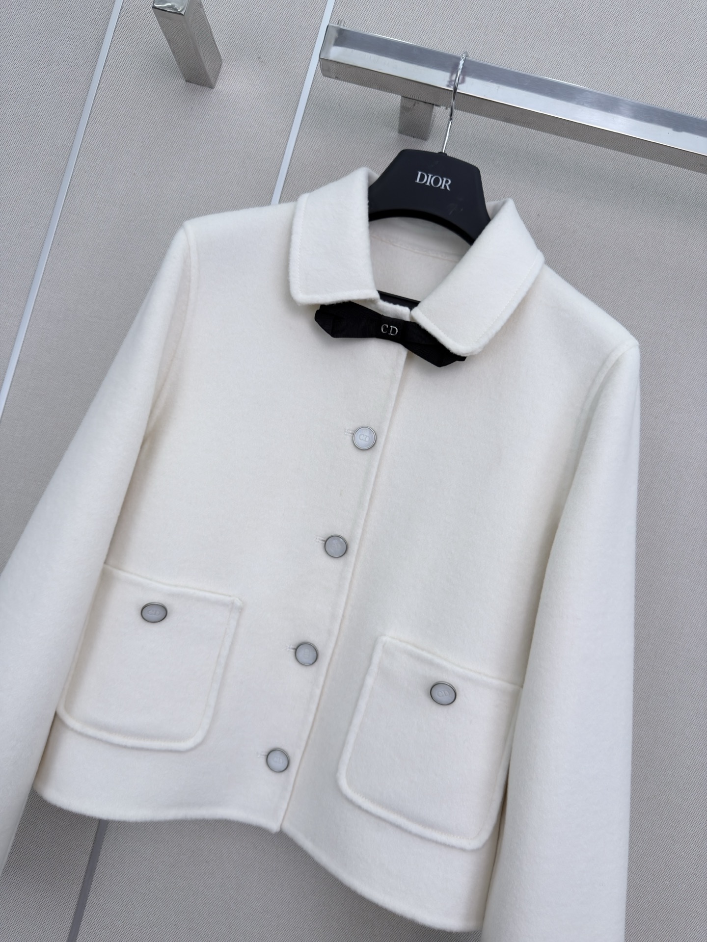 Dior White Bow Decor Lapel Short Wool Coat