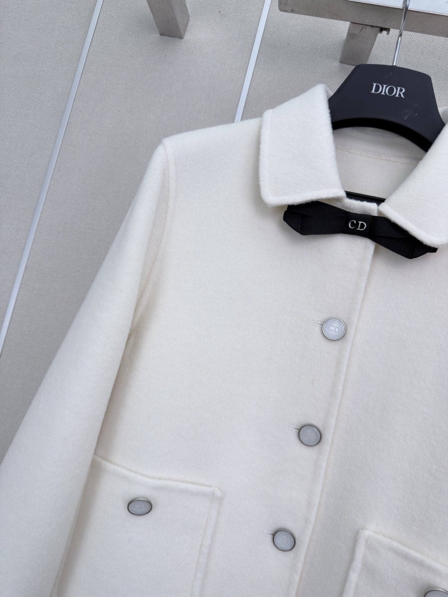 Dior White Bow Decor Lapel Short Wool Coat