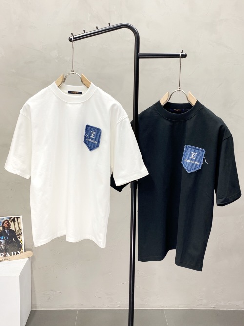 Louis Vuitton Men's Casual Short Sleeve T-Shirt with Denim Patch 1 Louis Vuitton Men's Casual Short Sleeve T-Shirt with Denim Patch