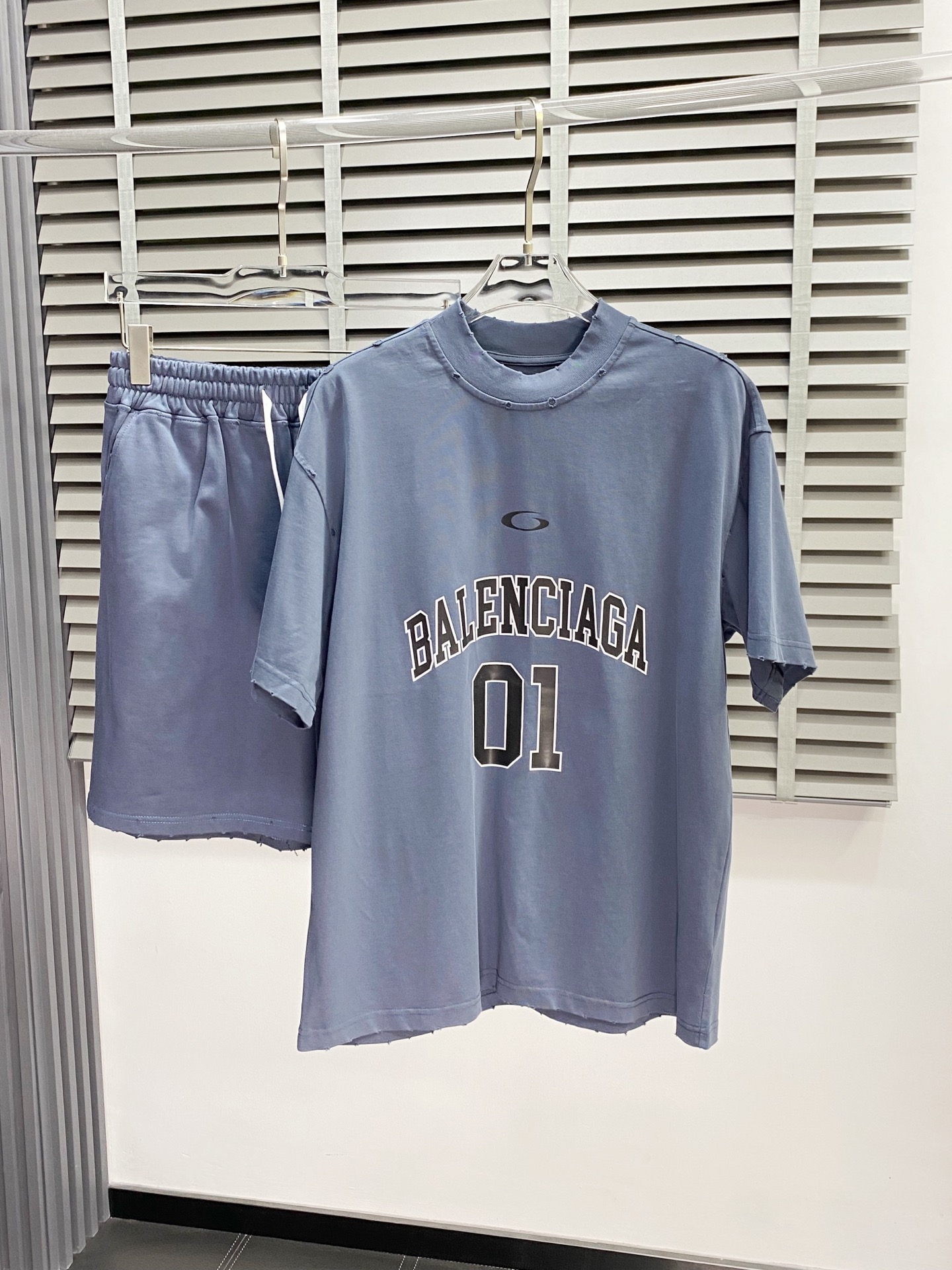 Balenciaga Men's Blue Cotton Jersey T-Shirt and Shorts Set - Stylish & Comfortable