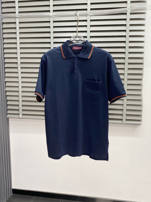 Gucci Men's Navy Blue Cotton Polo Shirt with Striped Trim Detail 1 Gucci Men's Navy Blue Cotton Polo Shirt with Striped Trim Detail