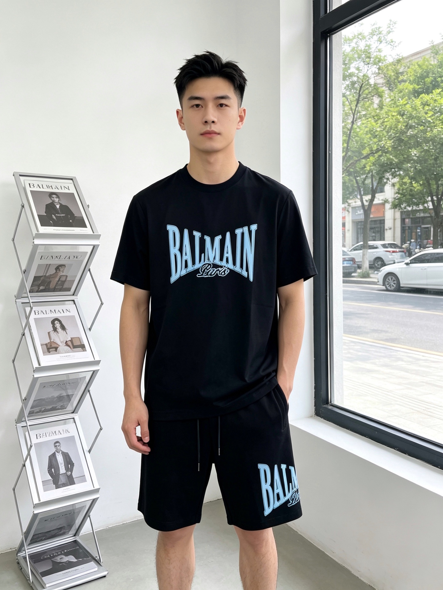 NO:908100,Short-sleeved, shorts. BALMAIN's new and popular counter suits, breathable, comfortable and casual!  Full of high-end feel!  The details are exquisite and high-end, and the workmanship is impeccable!  The original high-end fabric is very high-end!  The fabric is soft, delicate and comfortable, moisture-absorbent, quick-drying and breathable, neat and stylish. Size M-3XL, balmain, balmain, shorts, T-shirt,19860909短袖、短裤.BALMAIN巴尔曼砸锅卖铁都要上的新款新款专柜同款套装,透气舒适休闲！高级感满满！细节精致高档,做工无可挑剔！原版高端面料很显高级！面料柔软细腻舒适 吸湿速干透气,利落有型.码数M-3XL,,balmain,balmain,shorts,T-shirt,,Men's clothing