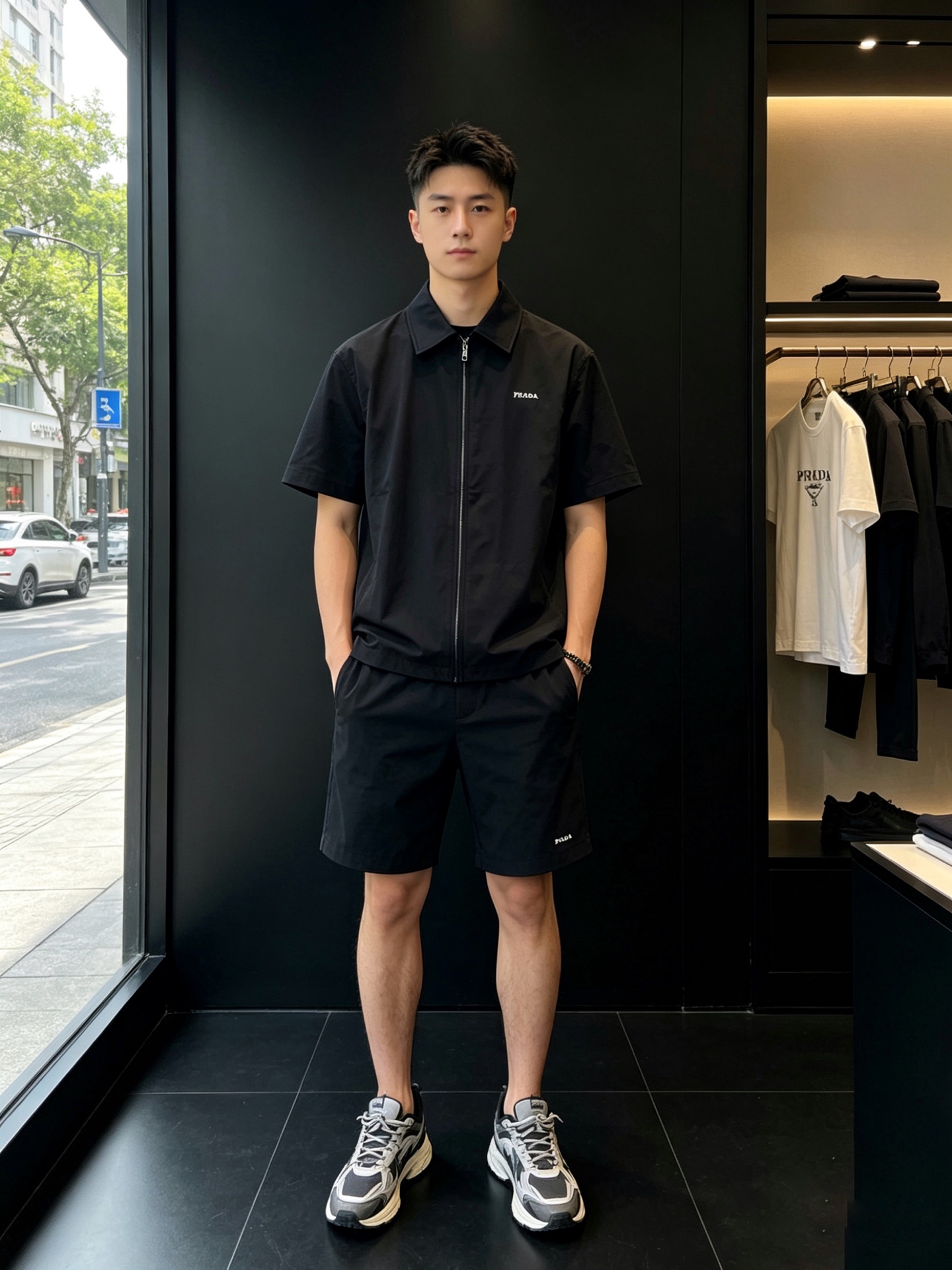 NO:856672,Tops, shorts, and Prada's new and new counter-branded suits of the same style, full of high-end feel!  The details are exquisite and high-end, and the workmanship is impeccable!  Imported fabrics are three-dimensional and exquisite. The original high-end fabrics are very high-end!  The fabric is stiff, wrinkle-resistant and wear-resistant, moisture-absorbent, quick-drying and breathable, neat and stylish. Size M-3XL,, prada, prada, shorts,19860909上衣、短裤.Prada普拉达砸锅卖铁都要上的新款新款专柜同款套装,高级感满满！细节精致高档,做工无可挑剔！进口面料 立体精致细腻.原版高端面料很显高级！面料挺括抗皱耐磨,吸湿速干透气,利落有型.码数M-3XL,,prada,prada,shorts,,Men's clothing