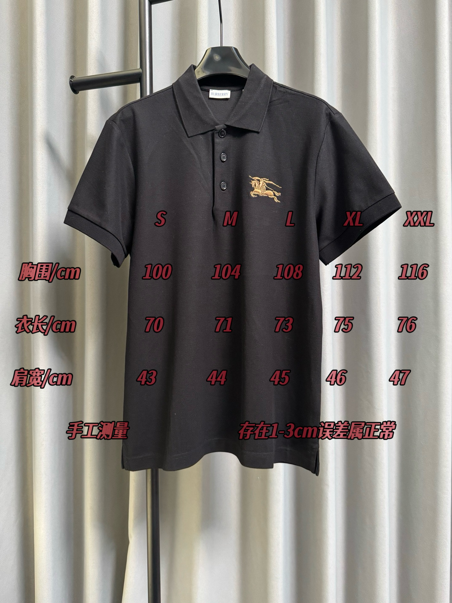 /Tabla de tallas Burberry/burberry 26Ss Polo de manga corta bordado Classic War Horse Knight (Negro)