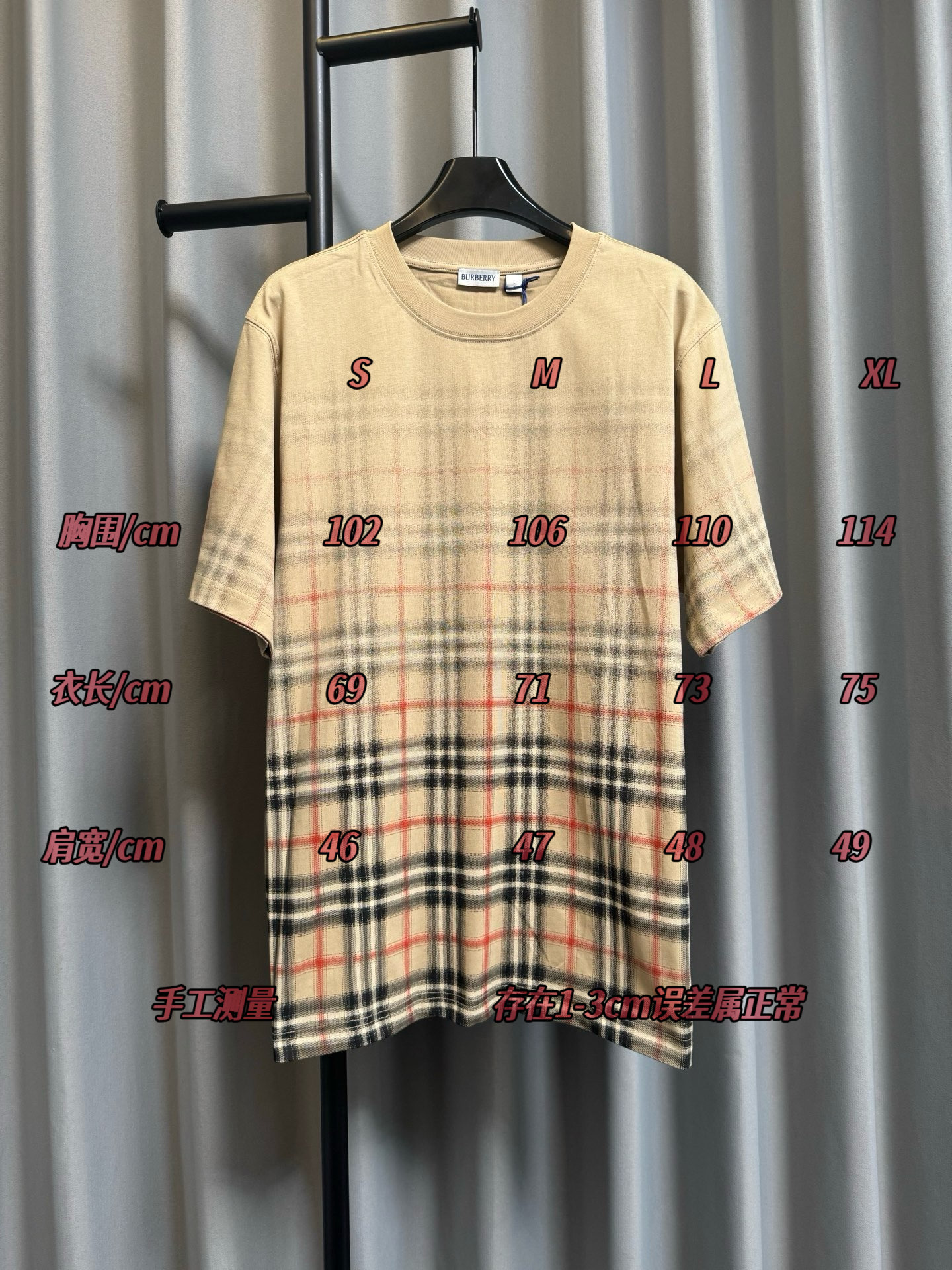 /Tabla de tallas BBR/Burberry 26ss camiseta de manga corta de algodón a cuadros degradados (caqui)