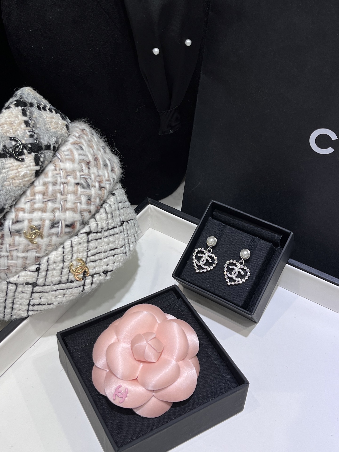 Chanel Inspired Camellia Brooch & Heart Earrings Set - Chic Accessory